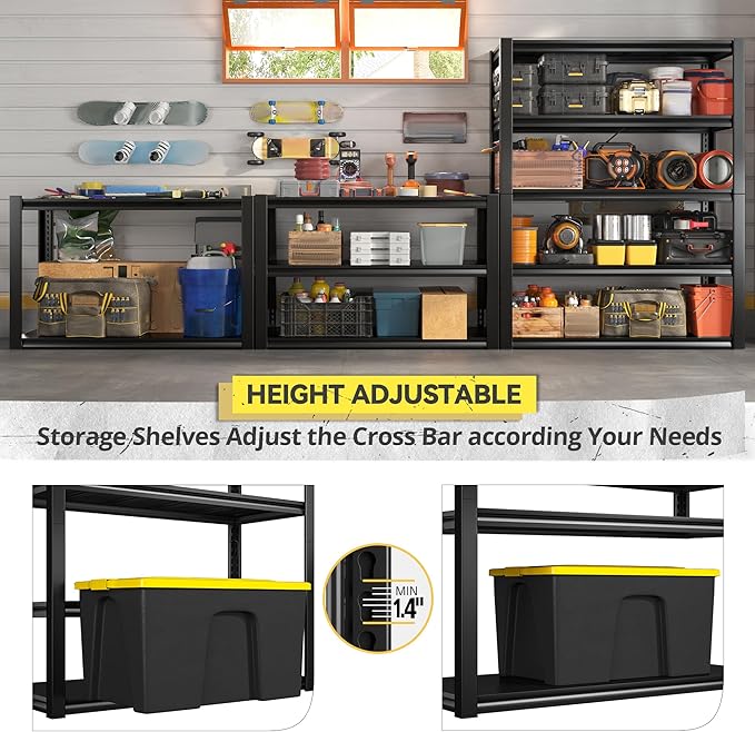 REIBII Garage Shelving Heavy Duty Garage Storage Shelves, Extra Large Adjustable Storage Rack with 5 Tier Metal Shelving Unit, 2500LBS Loads Heavy Duty Shelf, Easy Assembly, 2 Pack