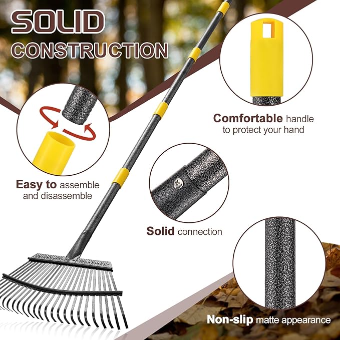 Metal Garden Rake, 5FT Rake for Leaves Lawns, 25 Metal Tines 18 inch Wide with Adjustable Handle Heavy Duty Yard Leaf Rakes for Gardening