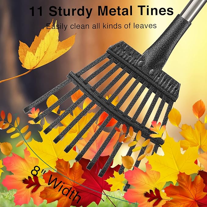 Leaf Rake for Leaves, 8" Wide Heavy Duty Metal Garden Rake 11 Tines, Adjustable Lawn Yard Shrub Kids Rake, 5.2ft