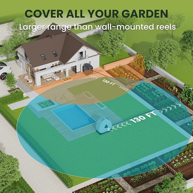 Giraffe Tools Ground Mounted Retractable Hose Reel 1/2 Inch x 130FT, Heavy Duty Automatic Rewind Garden Hose Reel, with Flexible Swivel Base for Lawn, Concrete Floor