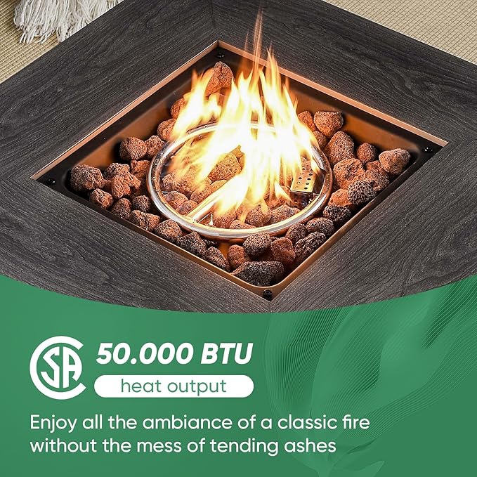 Outdoor Patio Furniture Set with 50000BTU Propane Fire Pit Table, 4 Pieces Wicker Patio Conversation Set with 2 Swivel Rocker Glider Chairs Rattan Sofa Blue Cushion Perfect for Gathering