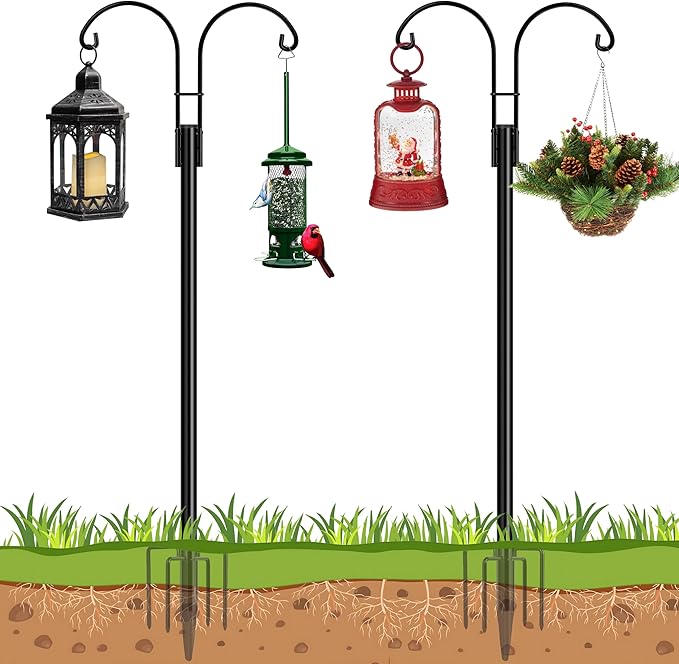 Ottsuls Bird Feeder Pole, 2 Pack 108 INCH Double Shepherds Hooks for Outdoor, Garden Pole with 5 Base Prongs Heavy Duty Planter Hooks for Hanging Plant Baskets, Lantern, Hummingbird Feeder
