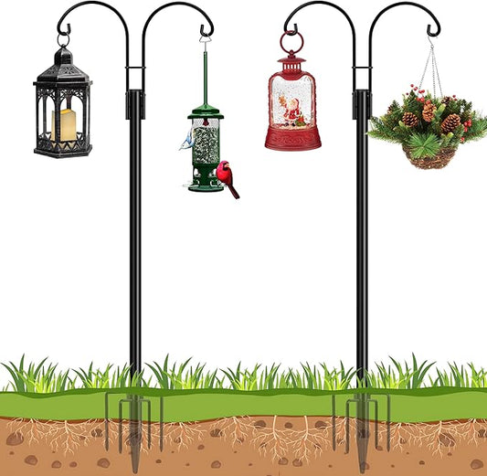 Ottsuls Bird Feeder Pole, 2 Pack 108 INCH Double Shepherds Hooks for Outdoor, Garden Pole with 5 Base Prongs Heavy Duty Planter Hooks for Hanging Plant Baskets, Lantern, Hummingbird Feeder