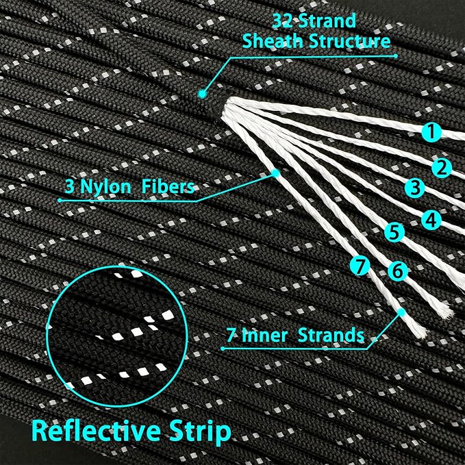 VVAAGG Reflective Paracord Rope 100FT, 7 Strand Nylon para Cord Lanyard Utility - Image 4