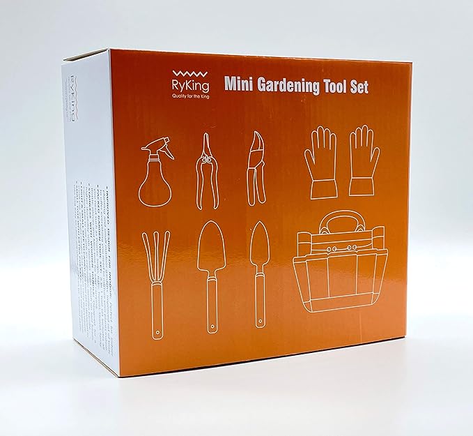 RyKing Small Garden Tool Set, 8 Piece Gardening Balcony Mini Kit Bag, Trowel Transplanter Hand Rake Pruner Snips Shovel Gloves Watering Spray, Stainless Steel Wooden Handles, Gift for Woman Men Kids