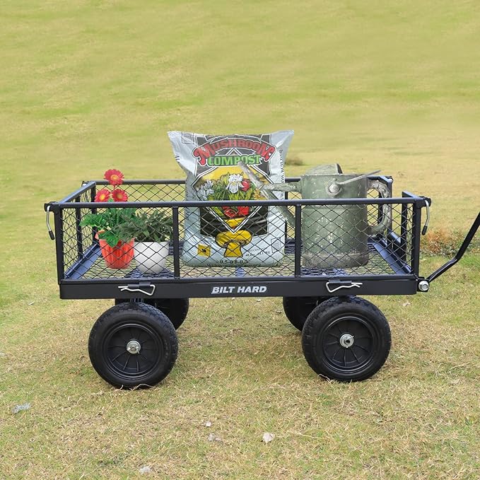 BILT HARD 880 lbs 10" Flat Free Tires Steel Garden Cart with 180° Rotating Handle and Removable Sides, Heavy Duty 4 Cu.Ft Capacity Utility Garden Carts and Wagons, Black