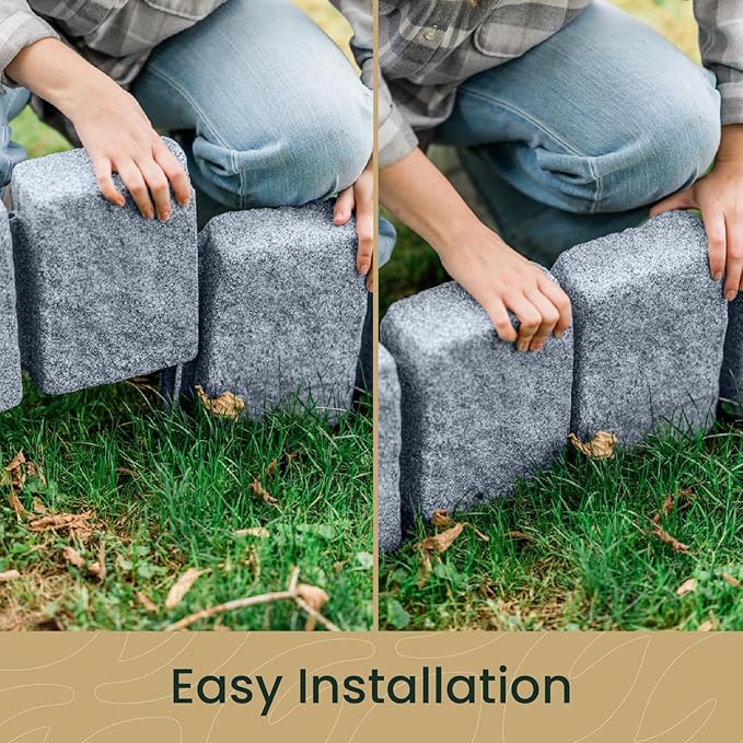 Beuta Landscape Edging | Garden Edging Border | Faux Stone Block XL for Lawn Edging, Flower Beds & Yard Edging – 1 Pack | Each Section Has 6 Blocks 48" L x 4" W x 9.5" H | 3 Spikes | Greystone