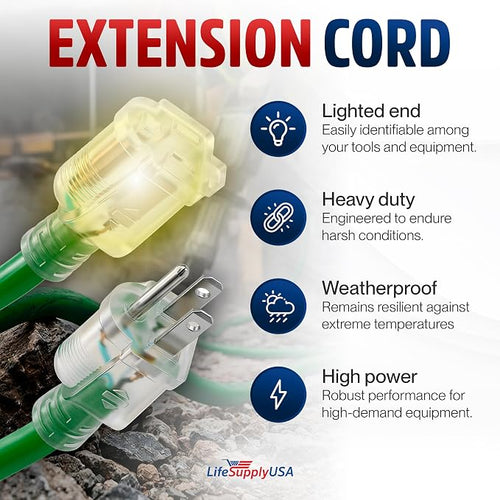 10ft Outdoor/Indoor Extension Cord 16/3 Gauge Heavy Duty 3 Prong SJTW, - Image 2