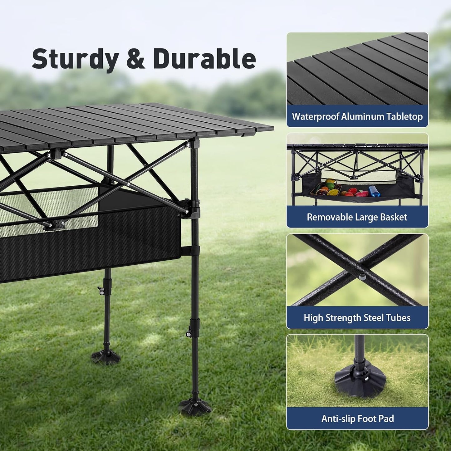 ALPHA CAMP Folding Camping Table, Portable Roll-up Table with Adjustable Height, Large Storage Bag and Carrying Bag, Tall Aluminum Table for Indoor & Outdoor Picnic BBQ Backyards Beach