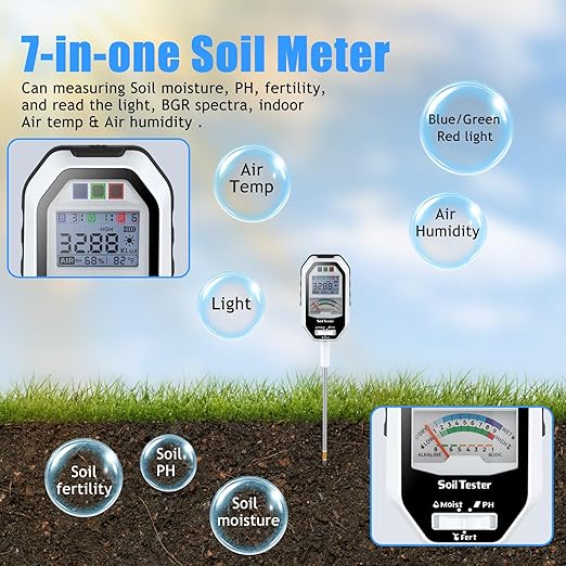 Soil Moisture Meter, 7-in-1 Soil PH Tester/Soil Moisture/Fertility with Removable Probe, LCD Display Air Temp/Air Humidity/Sunlight Intensity/BGR Spectral for Plants Garden, Lawn,Indoor Outdoor Plants