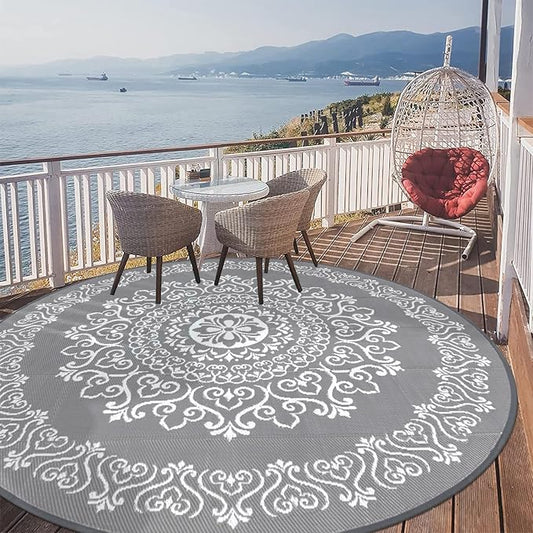 Pauwer Waterproof Outdoor Rug 8ft, Reversible Plastic Straw Patio Camping Rug, Indoor Outdoor RV Mat Carpet for Deck, Camper, Porch, Balcony, Backyard, Picnic, Floral Grey