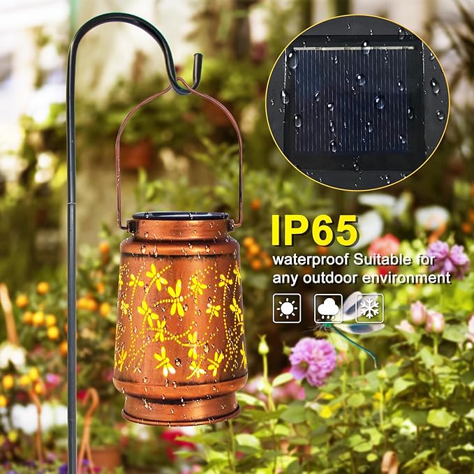 Mothers Day Gifts, 4 Packs Solar Lanterns Outdoor Hanging Lantern Lights, 4 Dragonfly Hollowed-Out Metal Decor Lantern, Waterproof LED Decorative Garden Light Gifts