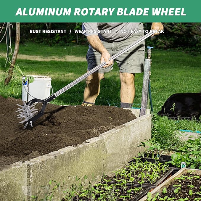 Rotary Cultivator Tool, Adjustable Garden Hand Tiller Cultivator, Long Handle Rotary Cultivator, Aerate, Weed, Plant, Garden Cultivator for Soil Mixing or Reseeding Grass