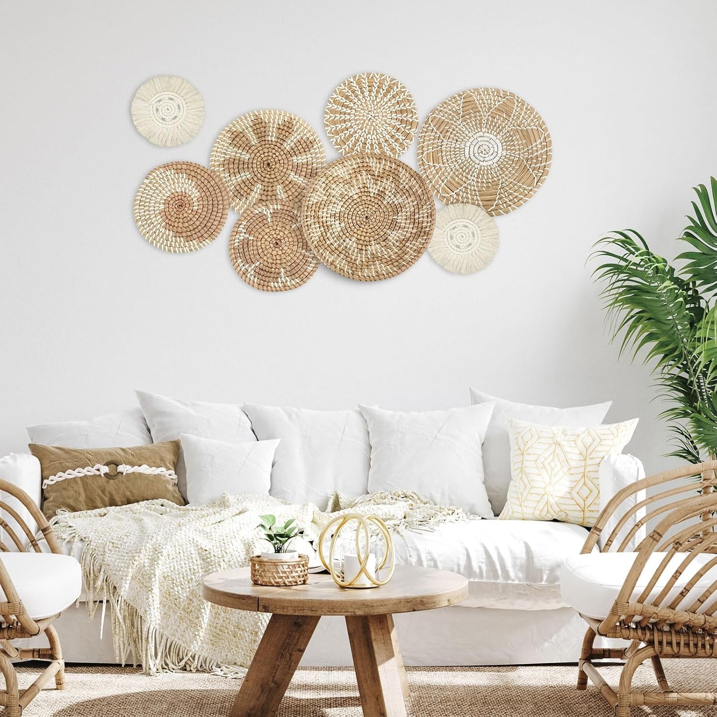 Xuhal Set of 8 Hanging Woven Wall Basket Handmade Decorative Rustic Boho Basket Decor Handcrafted Wicker Round Seagrass Wall Art for Home Kitchen Farmhouse Table Living Room(Classic)