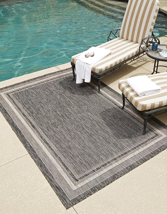 Unique Loom Outdoor Border Collection Area Rug - Soft Border (10' x 13' Rectangle, Black/ Ivory)