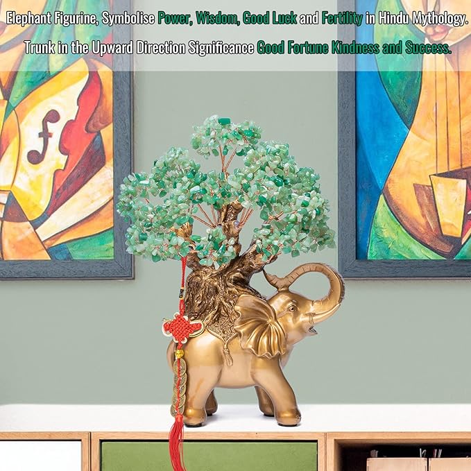 Green Aventurine Crystal Money Tree on Gold Elephant Statue, 17”Large Gemstone Bonsai Tree of Life Home Décor Gifts for Wealth Positive Energy, Feng Shui Décor