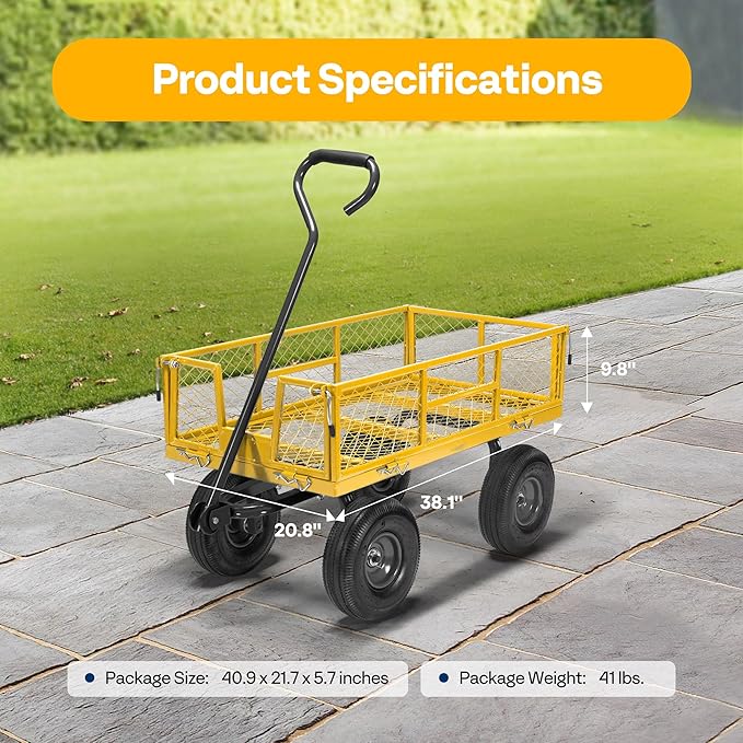 VIVOHOME Steel Garden Cart Heavy Duty 880 Lbs Capacity Folding Utility Wagon with Removable Sides and 10 inch Wheels (Yellow)