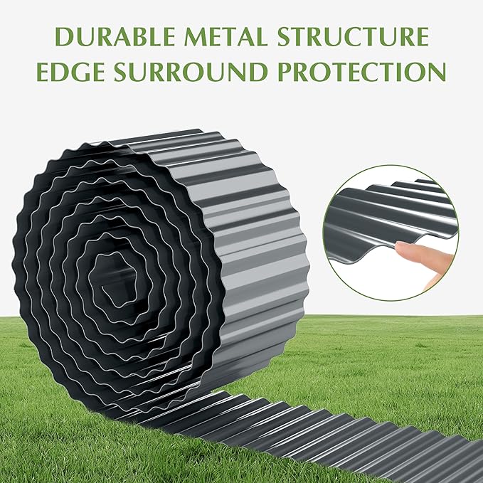Metal Garden Edging Border, Corrugated Steel Landscaping, DIY for Lawn (Black, 8 Inch x 10FT)