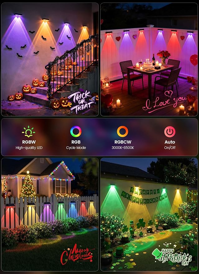 Brightown 8 Pack Solar-Fence-Lights-Outdoor, IP65 Waterproof Warm White & RGB - Image 6