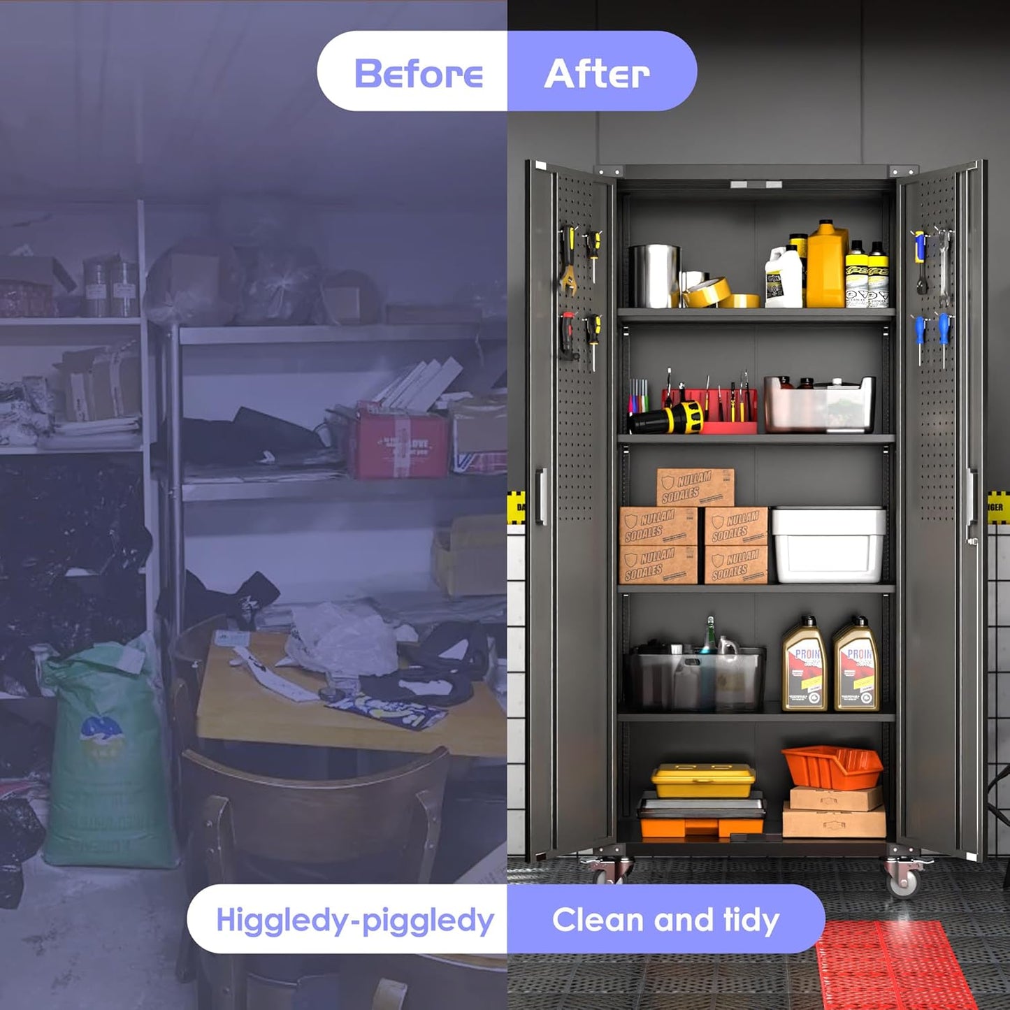 Metal Garage Storage Cabinet with Wheels & Pegboard,72In Lockable Steel Storage Cabinets with 2 Doors&4 Adjustable Shelves for Garage&Home,Assembly Required,Black