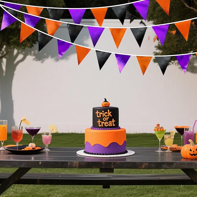Black Orange Purple Halloween Party Decorations Metallic Fabric Triangle Pennant Banner Flag Bunting Garland for Birthday Baby Shower Bachelorette Trick or Treat Halloween Holiday Party Supplies