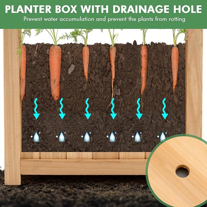 S AFSTAR Outdoor Wooden Planter Box, Folding Raised Garden Bed W/Drainage Hole, Patio Square Plant Container for Flowers, Vegetables, Fruits, Herbs, Collapsible Planting Box for Yard, 15" x 15" x 14"