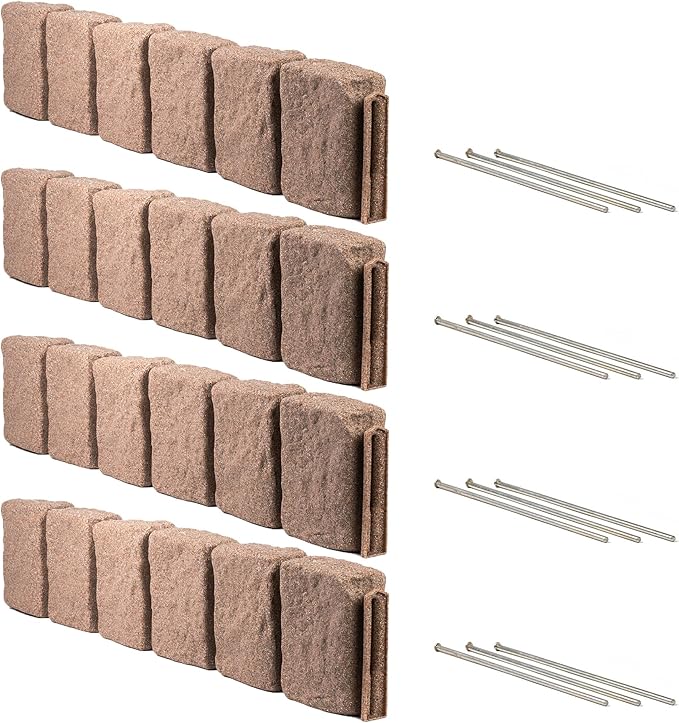 Beuta Landscape Edging | Garden Edging Border | Faux Stone Block XL for Lawn Edging, Flower Beds & Yard Edging – 4 Pack | Each Section Has 6 Blocks 48" L x 4" W x 9.5" H | 12 Spikes | Cobblestone
