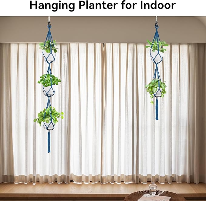 USLAI Macrame Plant Hanger Indoor Outdoor, Up to 4-15 inch Pot, Heavy 20lb Planters, Extra Long Strong Hanging Planter Basket Holder, Boho Home Decor, 49+72 Inch, Blue (POTS NOT Included)