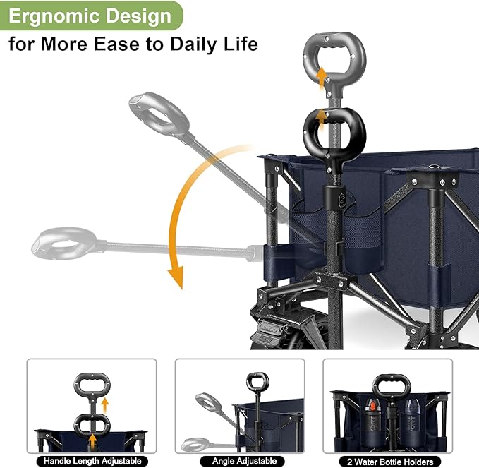 LUXCOL Collapsible Folding Wagon, Heavy Duty Utility Beach Wagon Cart for Sand with Big Wheels, Adjustable Handle&Drink Holders for Shopping, Camping,Garden and Outdoor Dark Blue