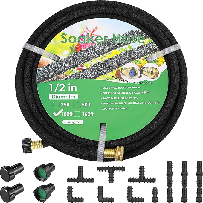 MAMIZO Soaker Hose Kit 100 ft 1/2", Solid Brass Connectors Rubber Longer Lasting, Heavy Duty Drip Hose to Save 70% Water, Soaker Hose for Garden, Lawn and Yard