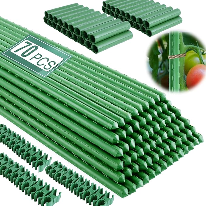 Garden Stakes 16 Inch 70 Pack, Diy 4ft 5ft 6ft 7ft 8ft Tomato Stakes Plastic Coated Metal Plant Sticks Stakes Supports with 40 Connectors 30 Rotatable Clips for Indoor Outdoor Plants Vegetable
