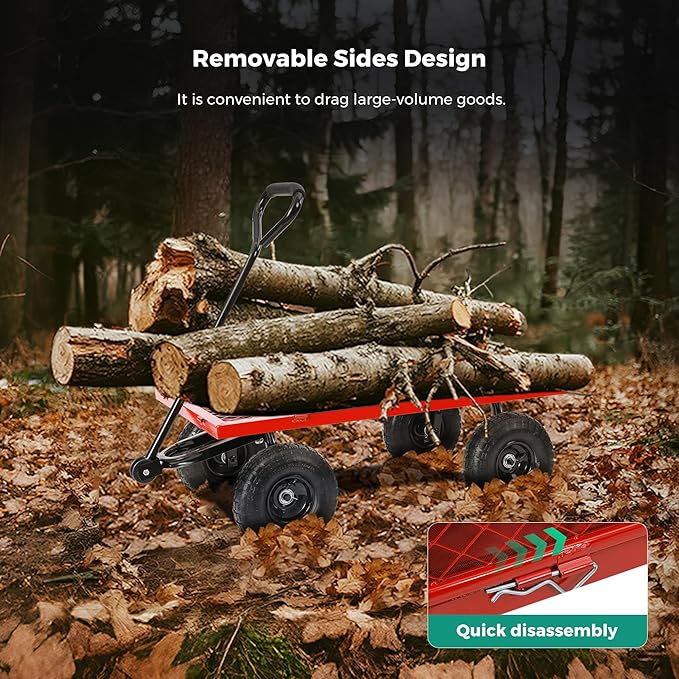 SUNNYFEEL 900 Lbs Capacity Heavy Duty Mesh Steel Garden Cart,Folding Utility Wagon with Removable Sides,10 Inch Flat Free Tires, Red