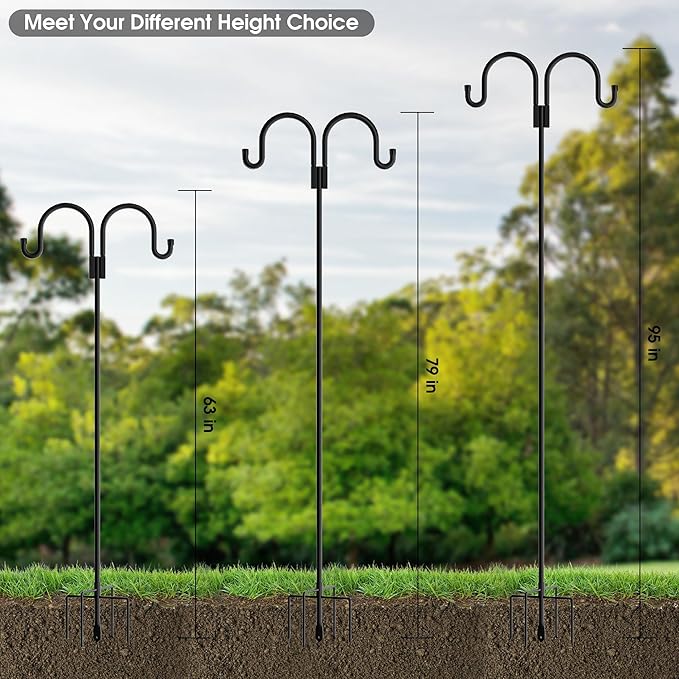 Double Shepherds Hooks for Outdoor, 2 Pack 63 Inch Bird Feeder Pole Hanger with 5 Prongs Base, Heavy Duty Bird Feeder Garden Hook for Hanging Plant, Lantern, Hummingbird Feeder