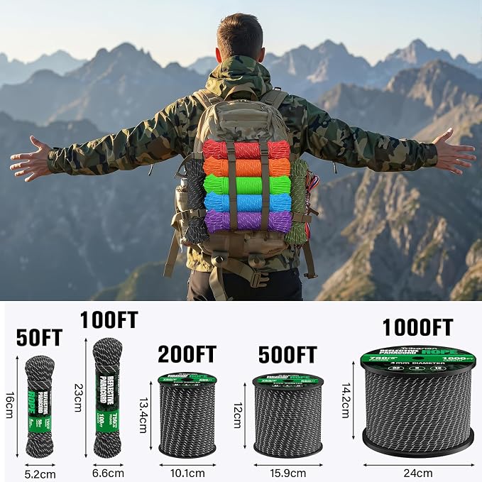 Reflective Paracord Rope 750 lb - 1000ft 5/32" Parachute Cord 4MM 12-Strand - Image 5