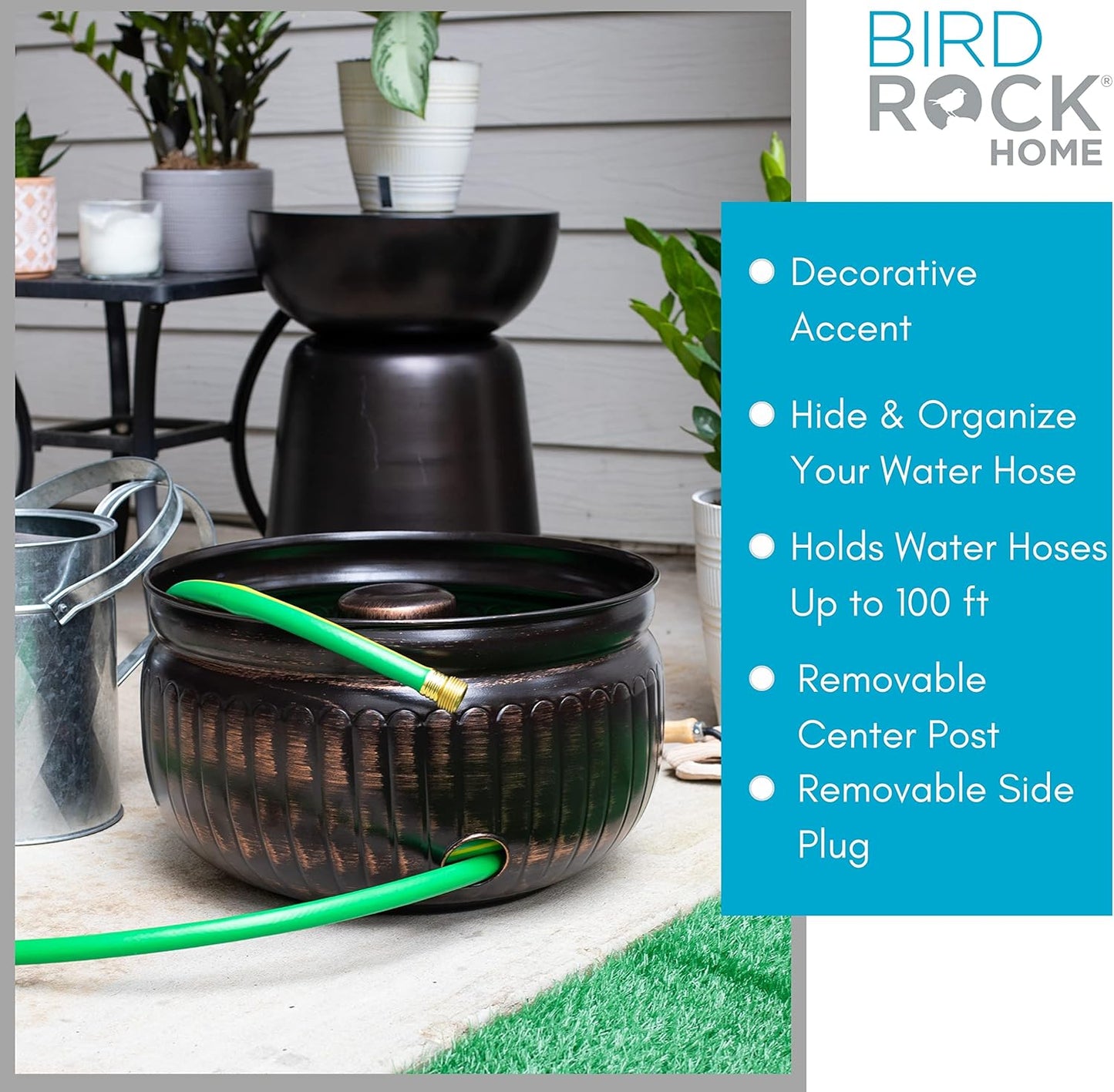 BIRDROCK HOME Water Hose Holder - Decorative Metal Pot, Indoor or Outdoor, Garden Storage Organizer, Patio Portable Bucket - Distressed Bronze, Holds up to 100ft Hoses, Medium No Lid