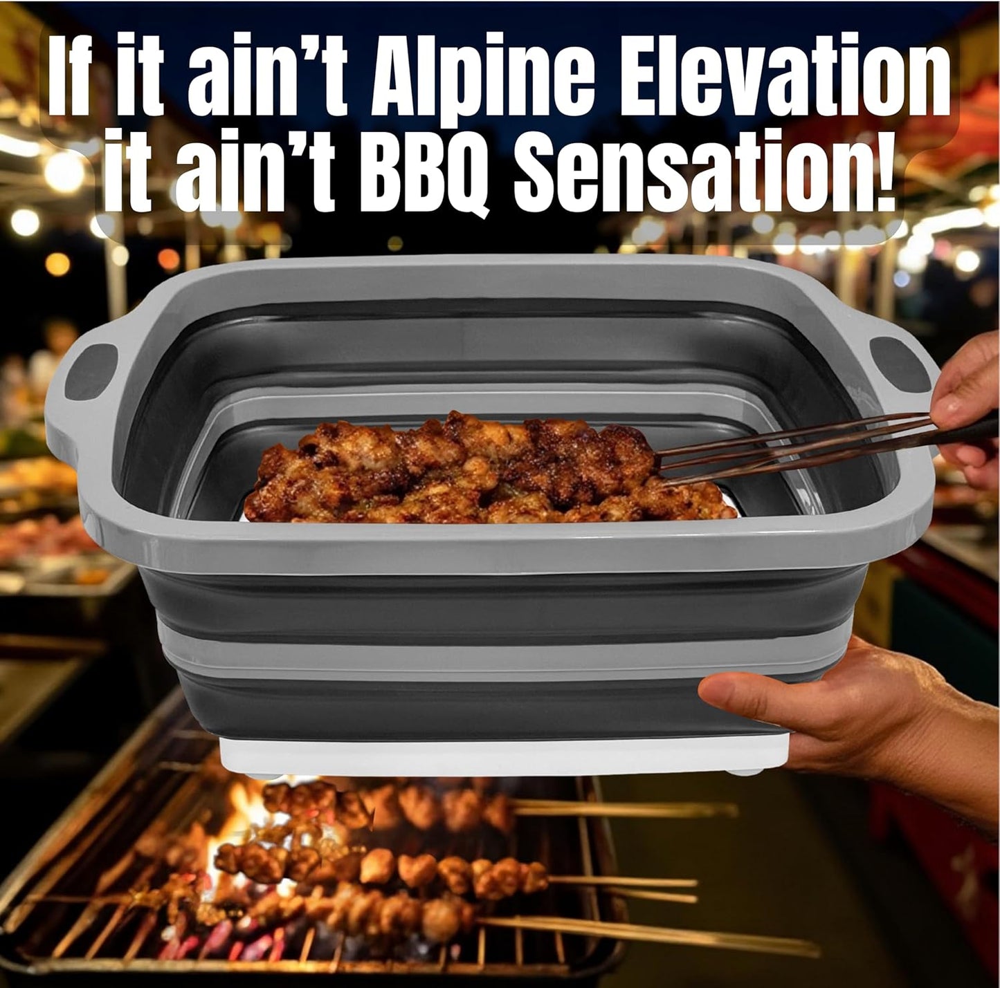 Collapsible Large (8L) BBQ Marinating Tub w/Cutting Board | Multipurpose Food-Grade TPE Prep Tub w/Lid | Built-in Colander & Drain Plug - for Camping | Tailgate | Picnic - Bold Orange