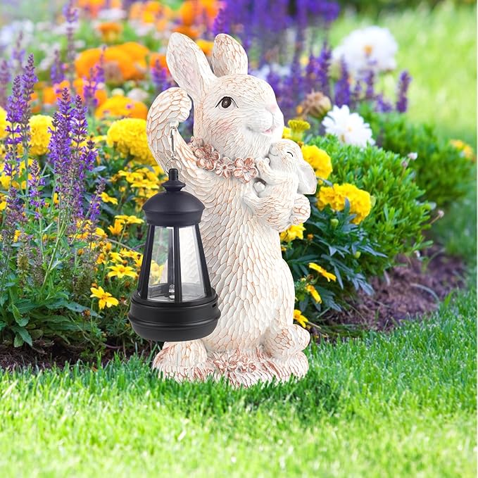 ILLUMINEW Solar Garden Statues Rabbit Lights, Outdoor Lighted Bunny Garden Decor Waterproof Figurines for Patio Porch Balcony Yard Lawn Lantern, Unique Easter Gifts for Mom Grandma Mother