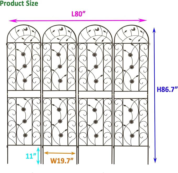 Metal Garden Trellis Rustproof Trellis for Climbing Plants Outdoor Flower Support Bird Deco (Brown-4 Pack, 86.7"x19.7")