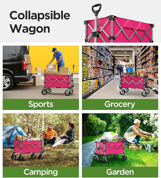Beach Wagon,Collapsible-Wagon 220lbs with Big Wheels FoldableWagon Carts,Portable Utility for Garden Grocery Sports Camping All Terrain-Pink