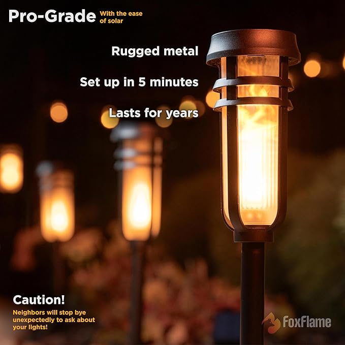 Metal Solar Torch - Adjustable Height (24" - 50"), Outdoor Lights with Flickering Flame, Waterproof Solar Powered Lights, Flame Torches for Patio, Pathway, Yard Decor, Matte Black (4-Pack)