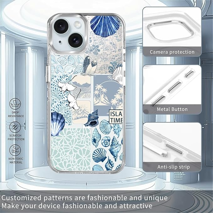 Case for iPhone 15, Sea Life Ocean Waves Seashell Collage Phone Case Design，for - Image 2