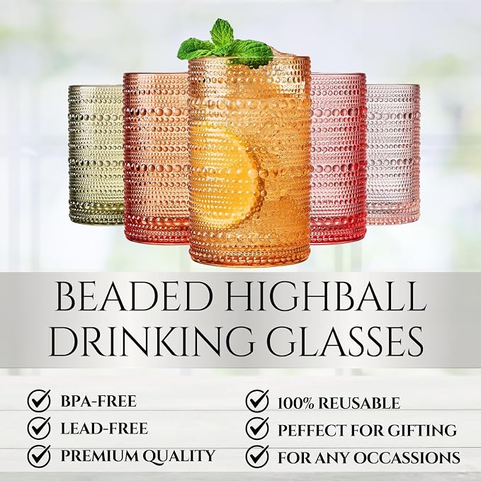 Hobnail Beaded Highball Drinking Tumbler Glasses | Set of 5 | Color, Vintage - Image 3
