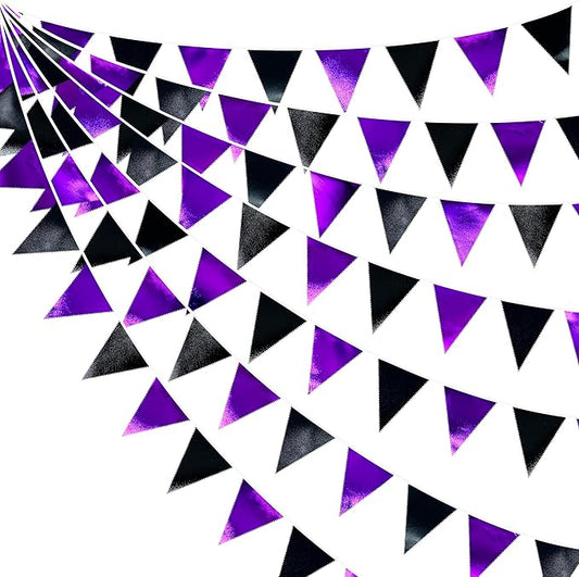 Purple and Black Party Decorations Metallic Fabric Triangle Pennant Banner Flag Bunting Garland for Graduations Birthday Retirement Wedding Baby Shower Bachelorette Halloween Outdoor Party Supplies