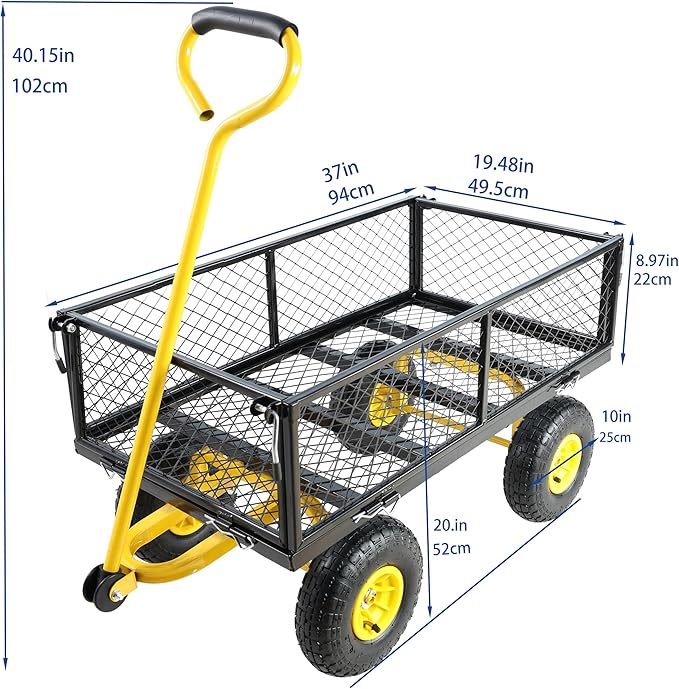 Steel Garden Cart 400 lbs Capacity with Removable Steel Mesh Sides to Convert into Flatbed, Utility Metal Wagon 180°Rotating Handle Multi-Purpose