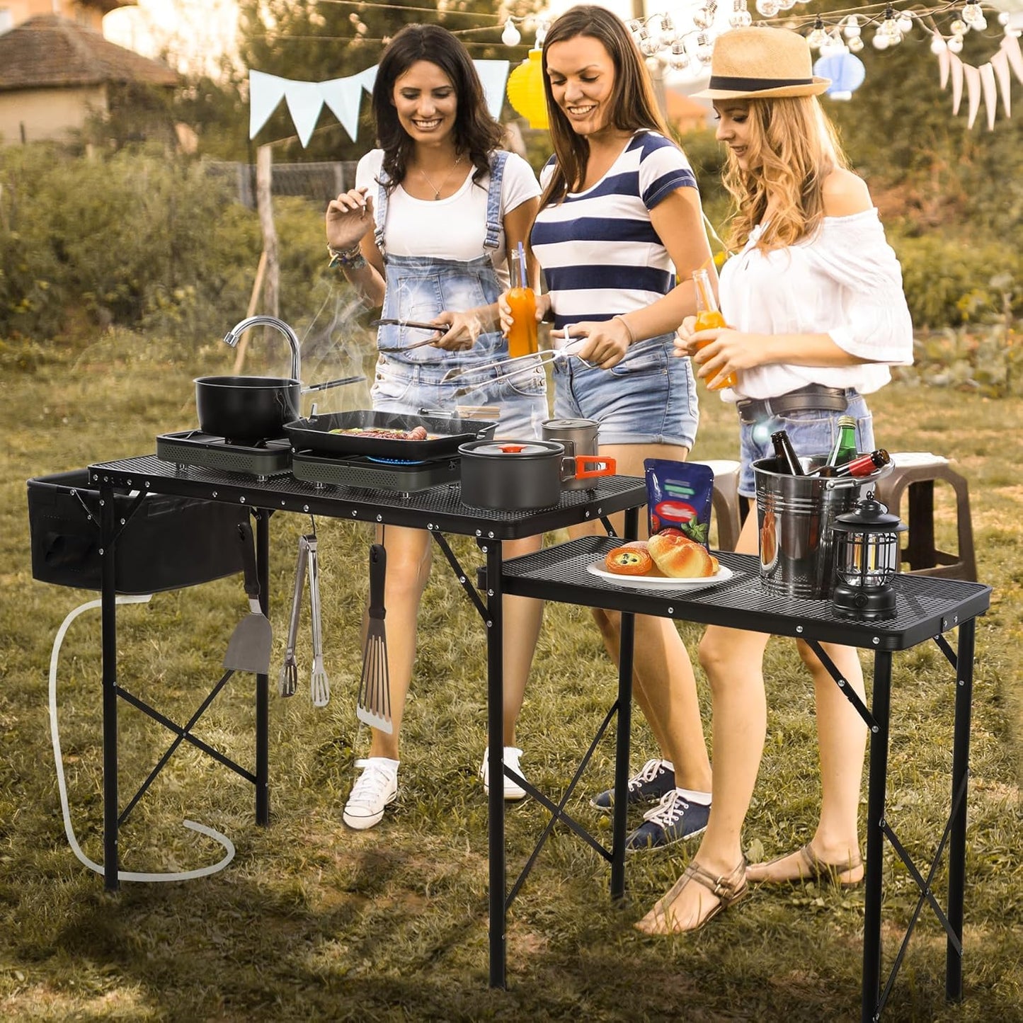 RedSwing Folding Grill Table with Sink and Double Shelf, Multifunctional Portable Grill Stand Table for Outdoor Camping Picnic BBQ, 69 x20 x31.5 Inches, Black