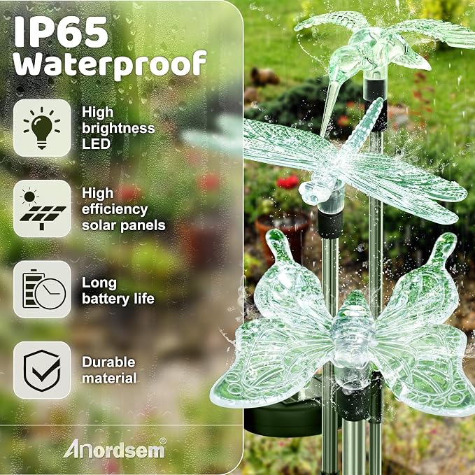Anordsem Solar Garden Lights Outdoor: 3 Waterproof PVC Insect Stake Light Heads - Image 4