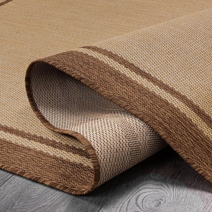 CAMILSON Indoor Outdoor Rug, 10x14 Bordered Natural Brown Modern Large Area Rugs for Indoor and Outdoor Patios, Kitchen and Hallway Mats, Washable Porch Deck Outside Carpet (Jute, 10 x 14)