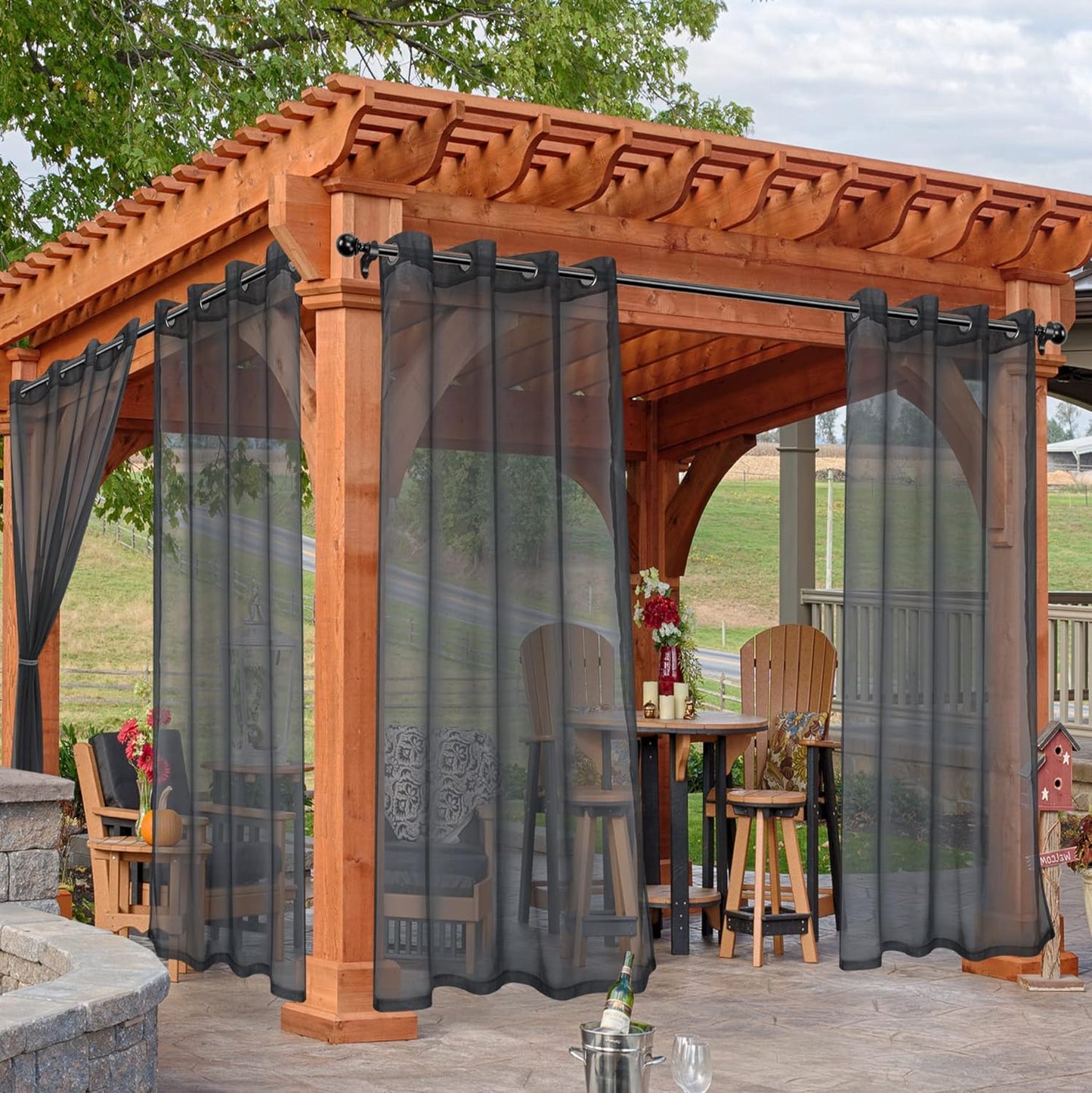 HolidayIdeas Outdoor Sheer Curtains for Patio Waterproof, 2 Panels - 54 x 84 Inch - Grey Light Filtering Voile Outside Curtains Grommet Drapes for Front Porch, Gazebo, Pergola, Backyard