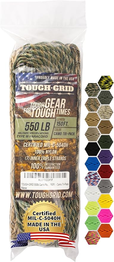 TOUGH-GRID 550 Paracord, Type III Mil-Spec Nylon Rope - 150 Ft Camo Tri-Pack by TOUGH-GRID
