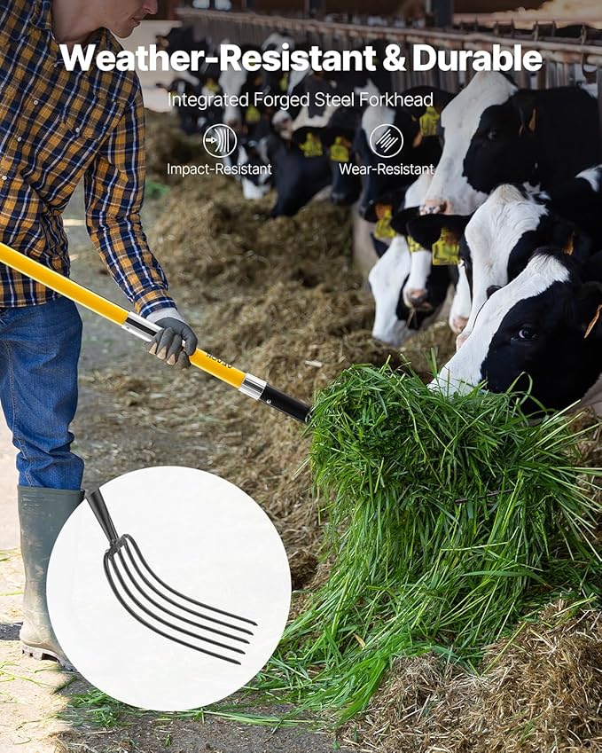 VEVOR Garden Fork, 5-Tine Gardening Pitchfork with Fiberglass Handle, 57 in Heavy Duty Digging Fork with Y Grip, Forged Steel Spading Fork for Hay Potato Composting Transplanting Aeration